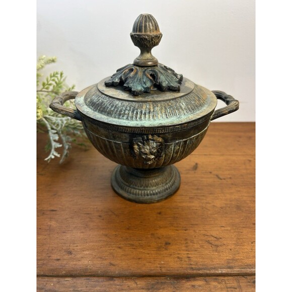 Vintage Brass Urn-Style Bowl Double Handle & Lid W/Lion Head Accents - Picture 1 of 11